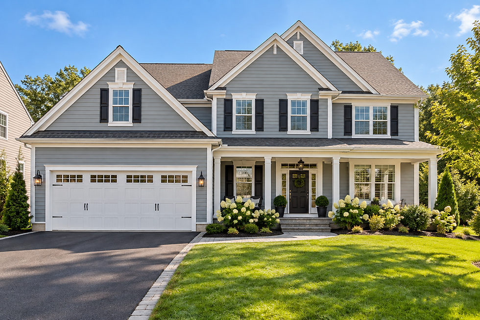 Gray two-story suburban house with white trim, black shutters, double garage, manicured lawn, and bright blue sky.