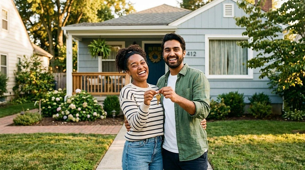First-time homebuyers celebrating their new home while holding house keys outside a residential property.