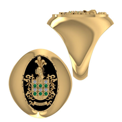 Custom signet ring with engraved coat of arms featuring emerald and diamond, precision-crafted for B2B jewelry brands, private label collections, and boutique retailers