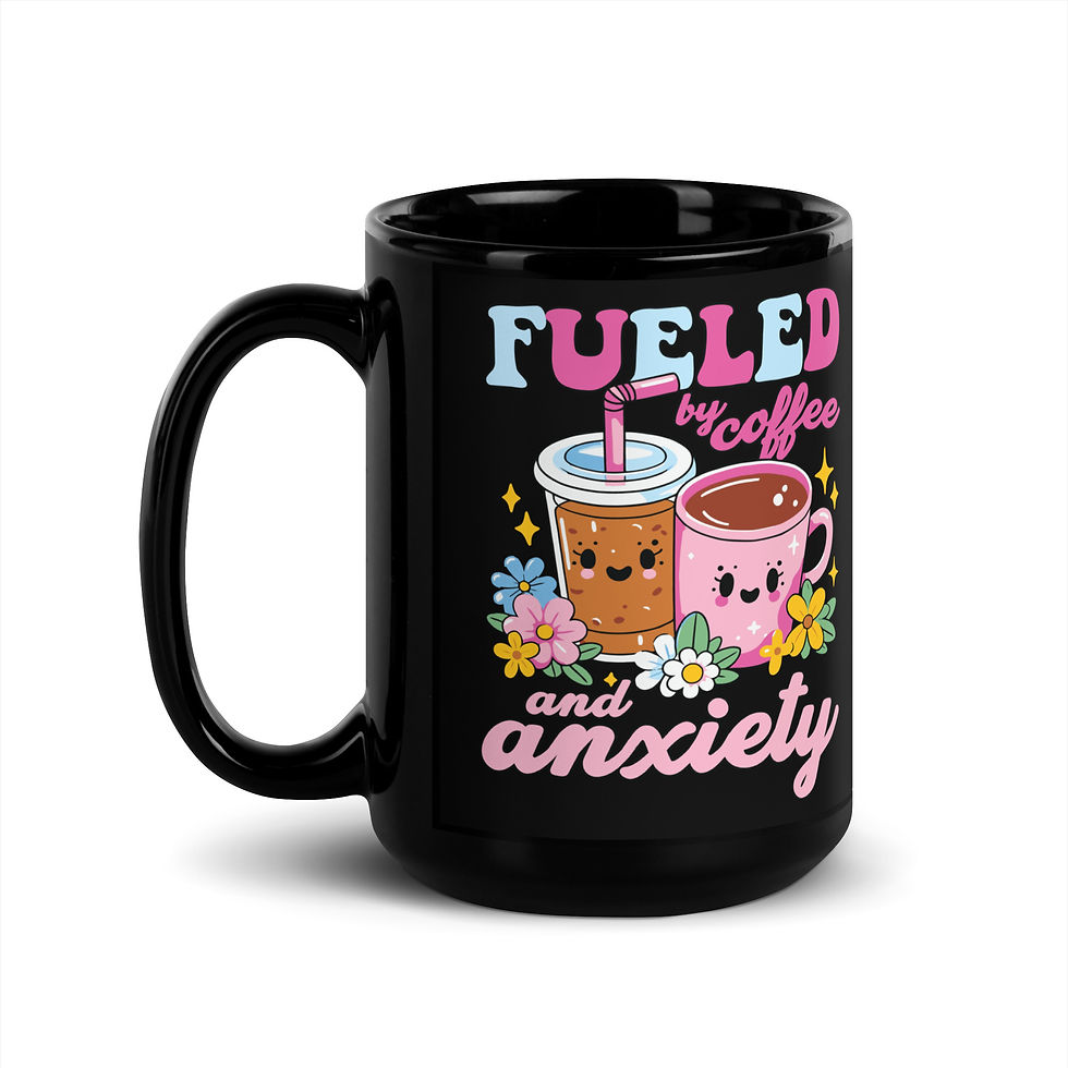 Thumbnail: Fueled by Coffee and Anxiety.  Black Glossy Mug