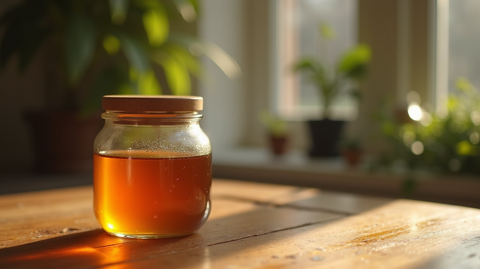 Eye-level view of honey jar on wooden table