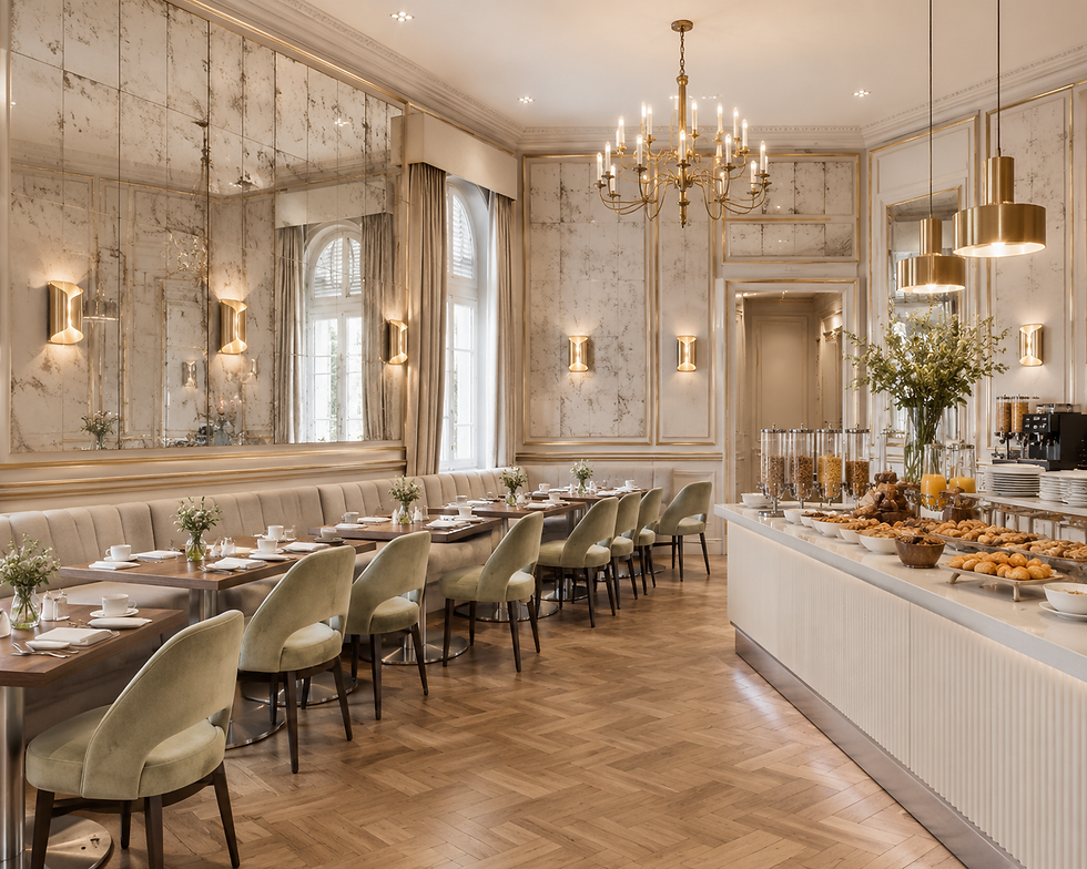 Eleganter Frühstückssaal mit Kronleuchter und Buffet.