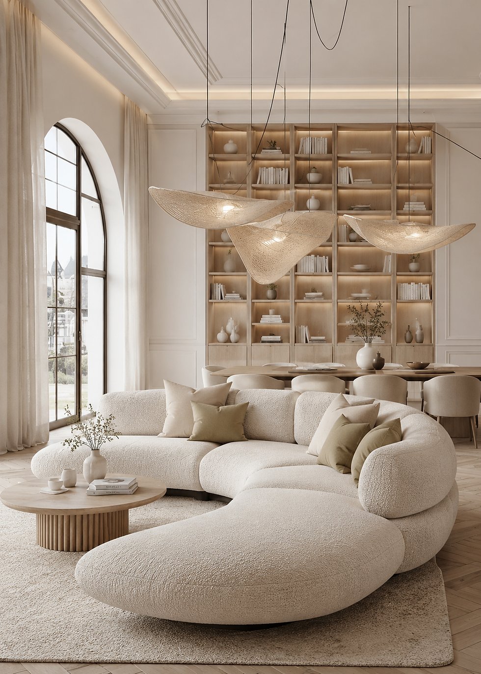 Modernes geschwungenes Sofa in hellem Wohnzimmer mit Bücherregal
