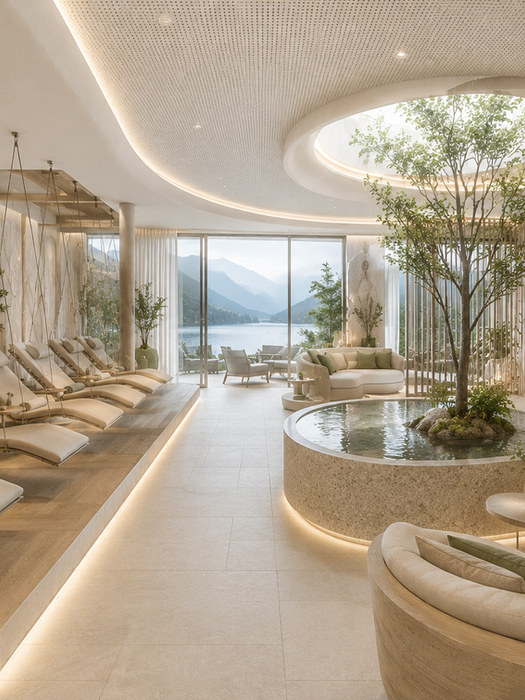Moderner Wellnessbereich mit Bergblick und Innenpool