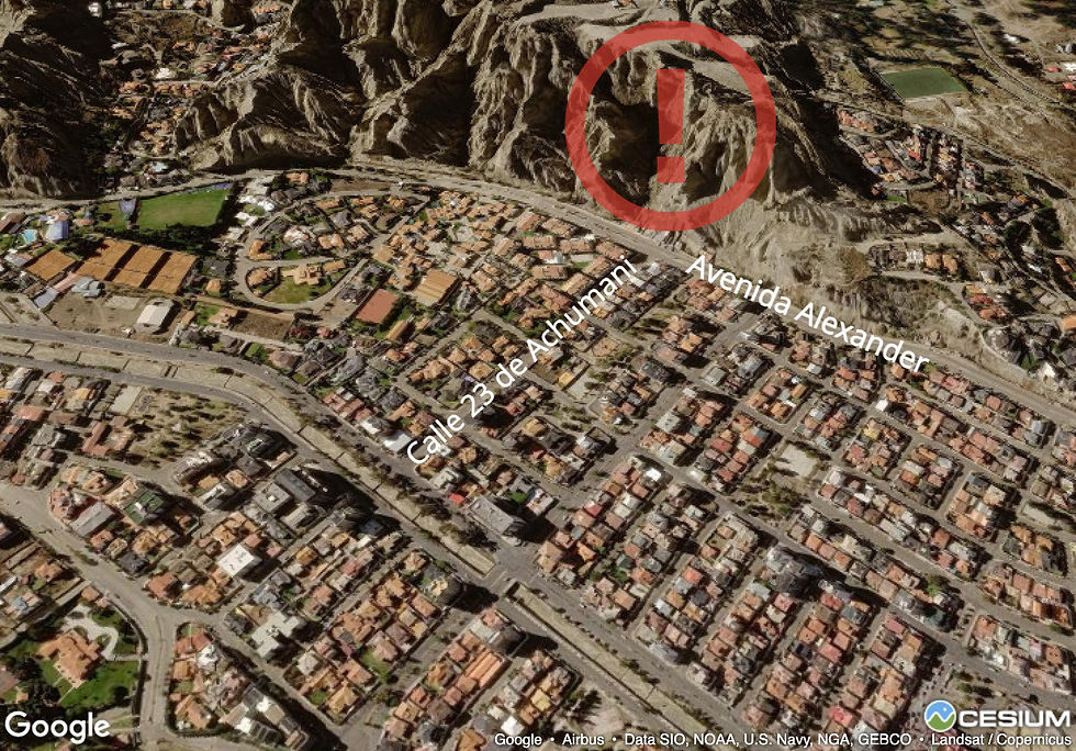 Vista 3D del lugar aproximado del hecho. Elaboración: Donde.bo