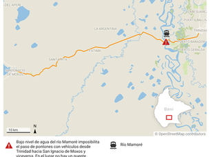 La ruta Trinidad - San Ignacio de Moxos está inhabilitada por bajo nivel de aguas del río Mamoré