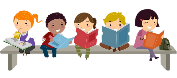 Five children sitting on a bench. Each of the is reading a book.