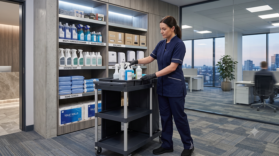 Cleaning equipment and janitorial supplies on a warehouse trolley