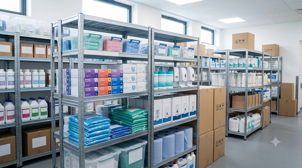 Shelves stocked with cleaning, hygiene and workplace supplies