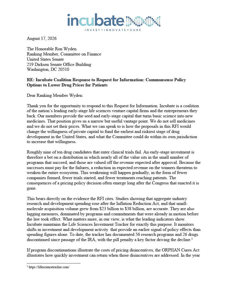 Incubate Responds to Request for Information: Commonsense Policy Options to Lower Drug Prices for Patients
