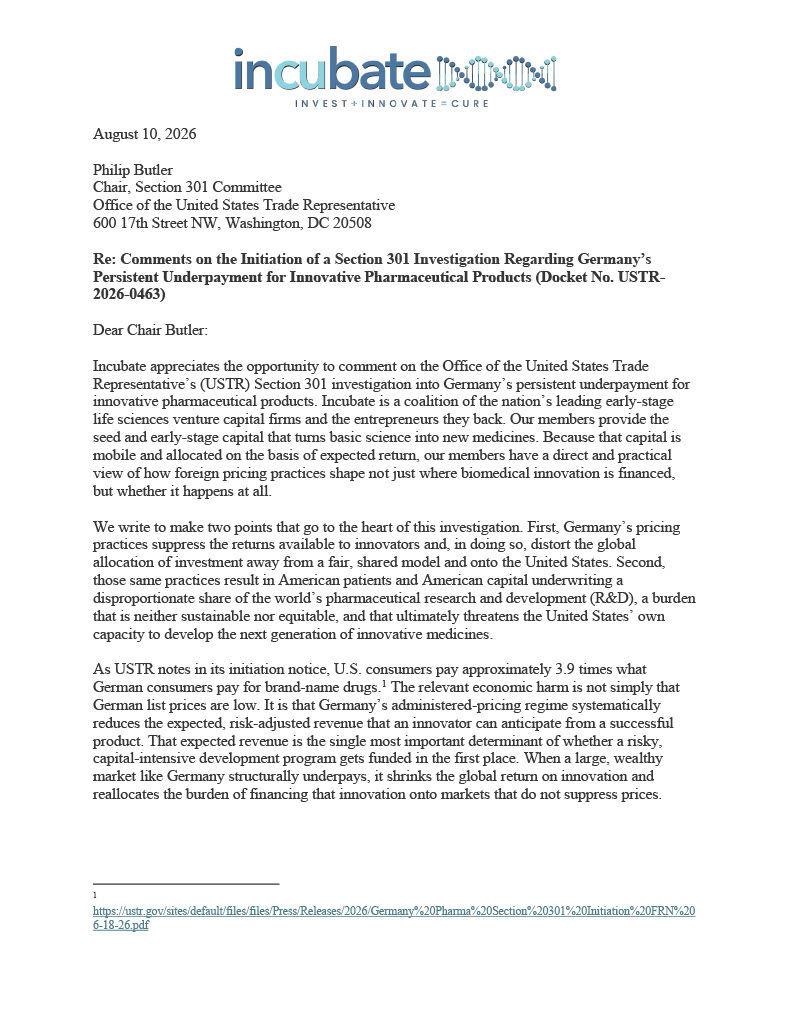 Incubate Comments on the Initiation of a Section 301 Investigation Regarding Germany’sPersistent Underpayment for Innovative Pharmaceutical Products