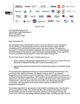 DCC Letter to Commerce, NSC, State and USTR Calls on US Government to Protect Copyright in the AI Environment.