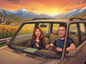 Ein Comic Paar unterwegs auf einem Roadtrip