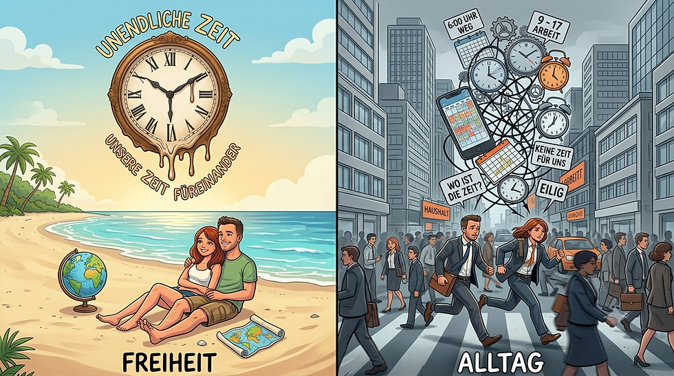 Ein Paar sitzt am Strand und ein Paar im stressigen Arbeitsalltag