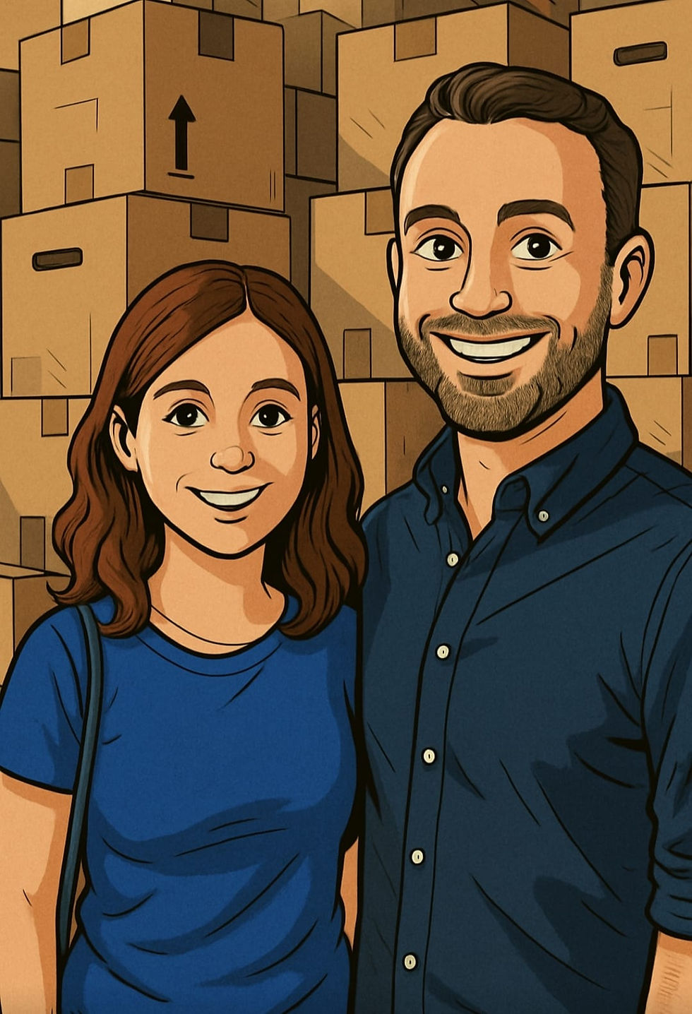 Livia und Fabio sitzen lächelnd vor gestapelten Umzugskartons – ein Moment zwischen Abschied und Neuanfang, kurz bevor sie alles loslassen, um auf Weltreise zu gehen.