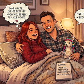 Ein Comic Paar liegt gemeinsam im Bett nach Urlaub