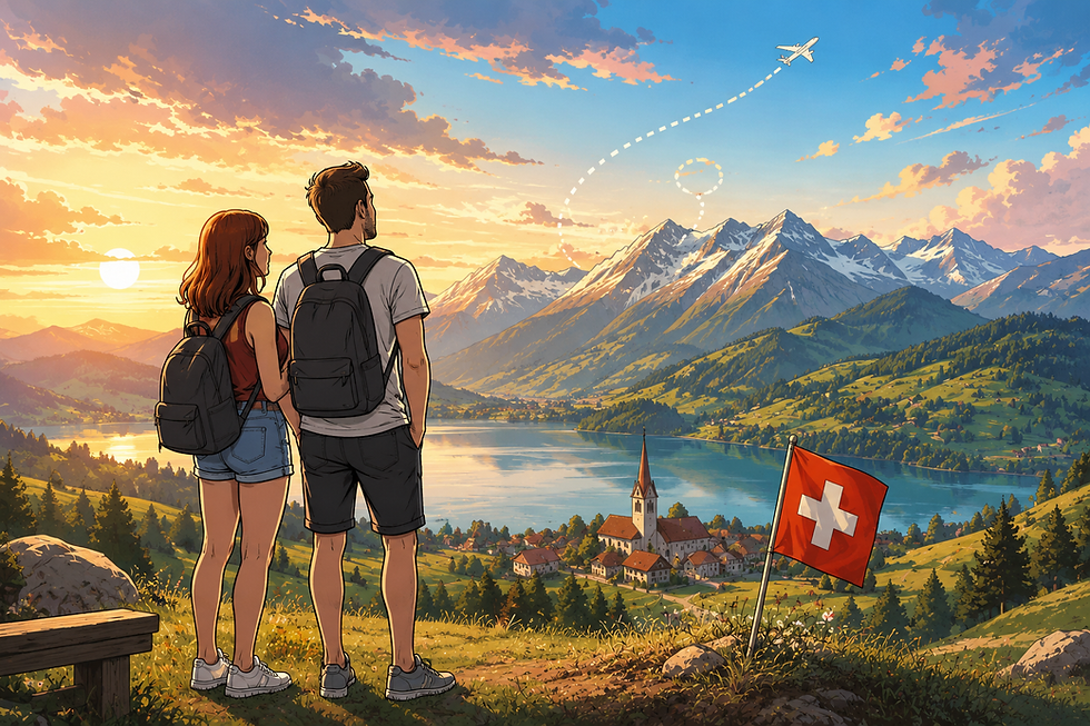Comicillustration eines Paares nach einer Weltreise, das die Schweiz geniesst.