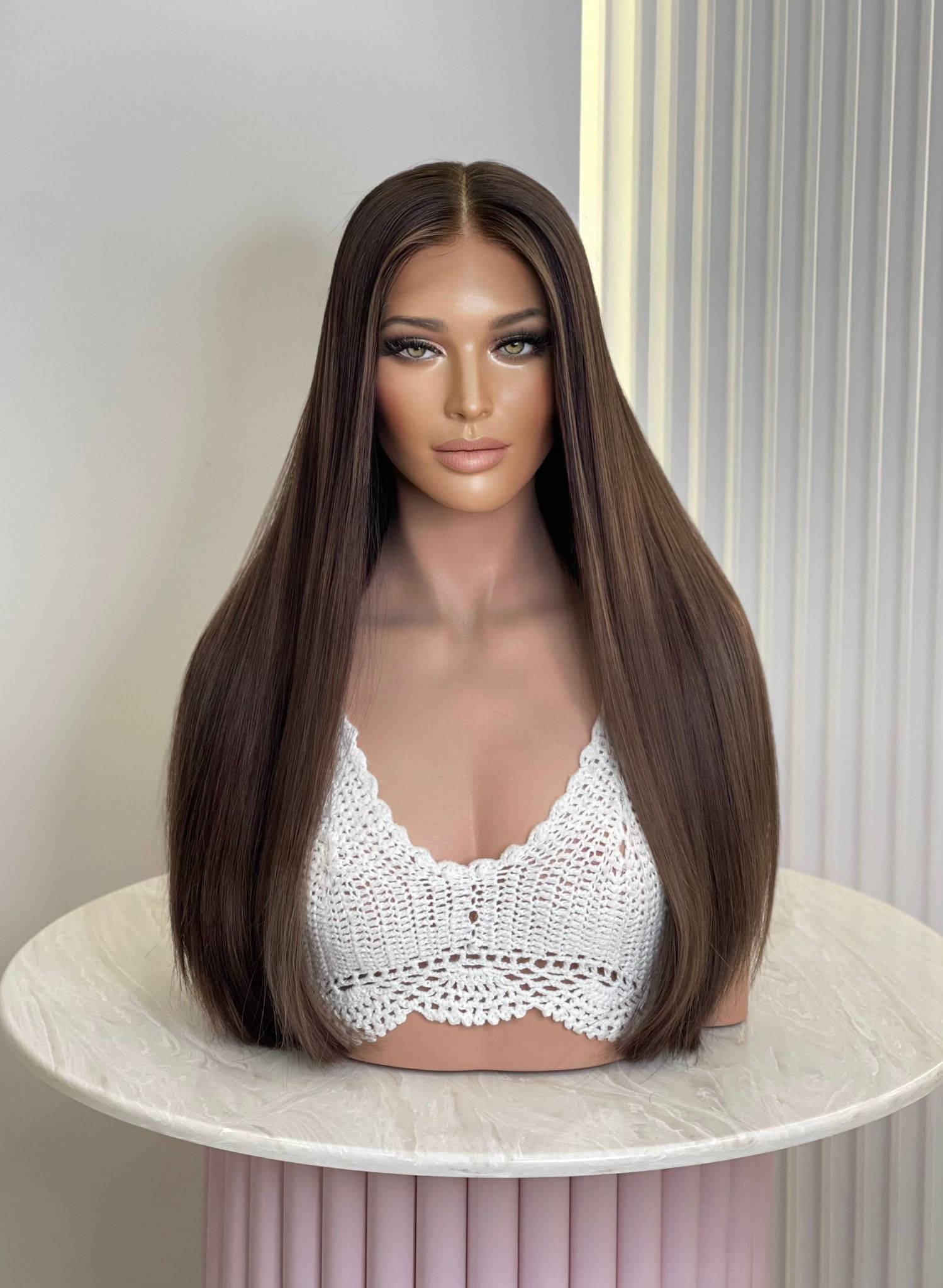 Echthaar-Perücke Lang: Mahagoni Braun