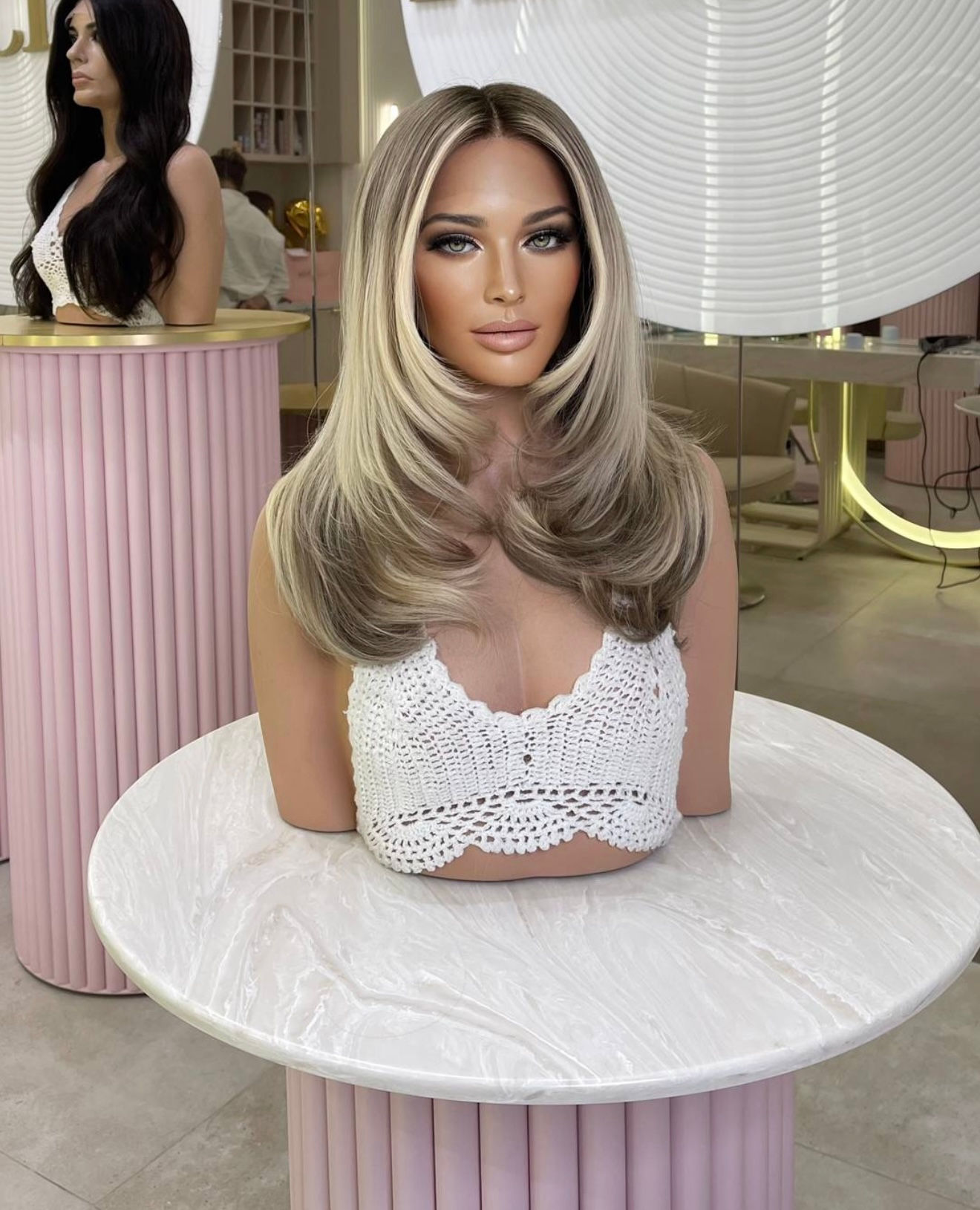 Echthaar-Perücke Lang: Aschblond Balayage