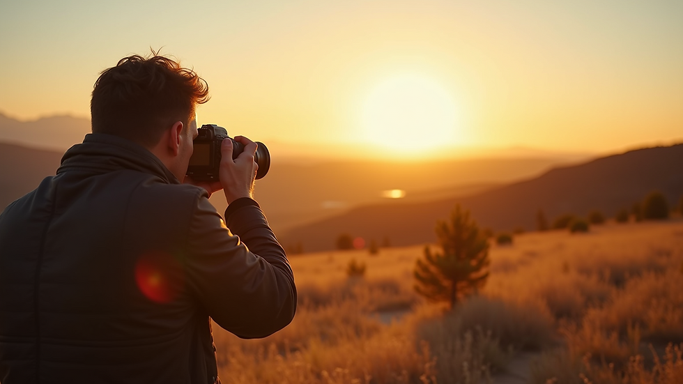 Eye-level view of a photographer capturing a landscape during golden hour
