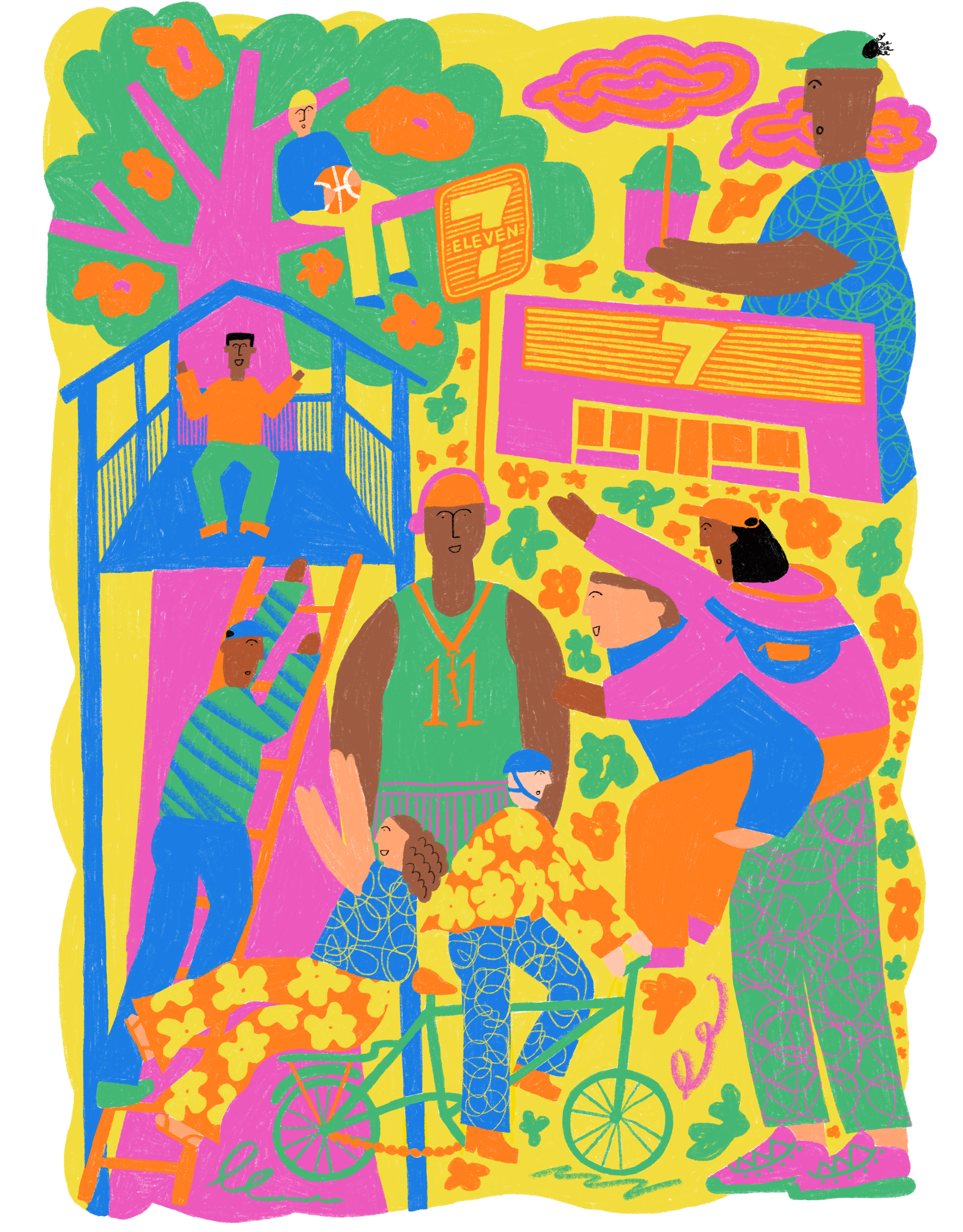 editorial illustration for a music magazine. lots of colour and retro patterns. friends playing together.