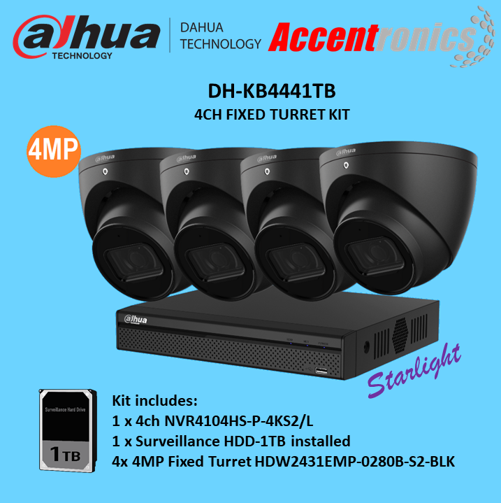 Thumbnail: 4MP 4ch Kits,1 x 4ch DHI-NVR4104HS-P-4KS2/L-1TB, 4 x 4MP2.8mm
