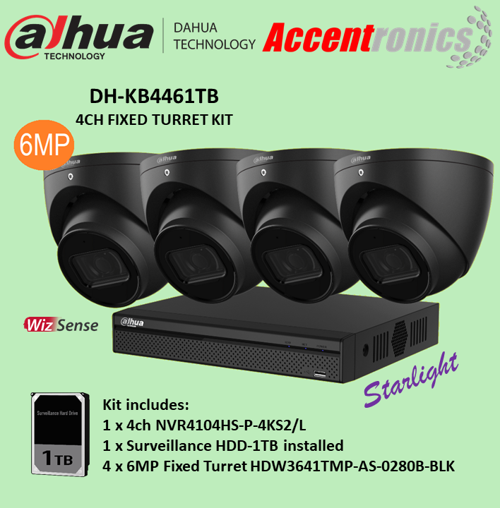 Thumbnail: 6MP 4ch Kit, 1 x 4ch DHI-NVR4104HS-P-4KS2/L-1TB, 4 x 6MP 2.8mm