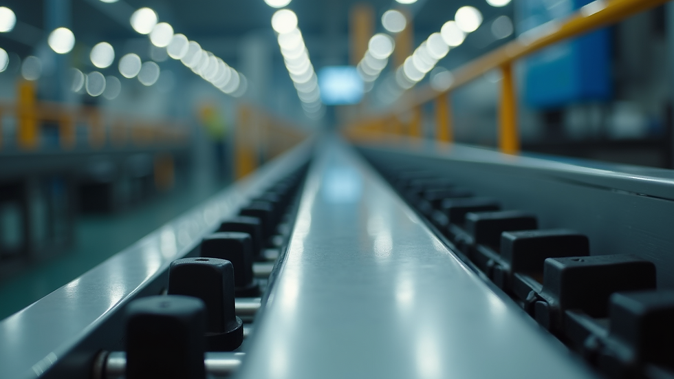 Close-up view of industrial conveyor belt system in a factory