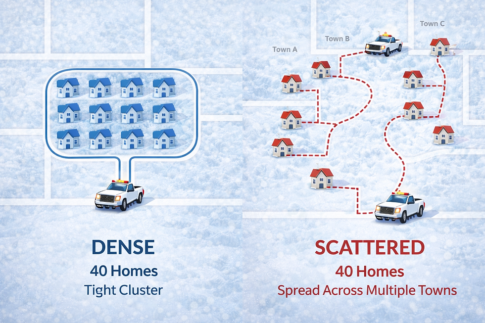 Diagram illustrating clustered snow removal routing compared to scattered dispatch model in Madison WI