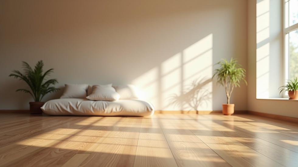 Eye-level view of a serene yoga studio with natural light