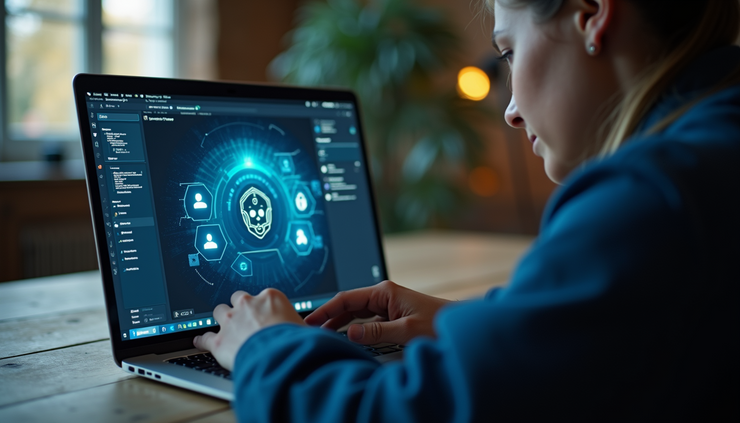 Eye-level view of a person using a laptop with AI chatbot on screen