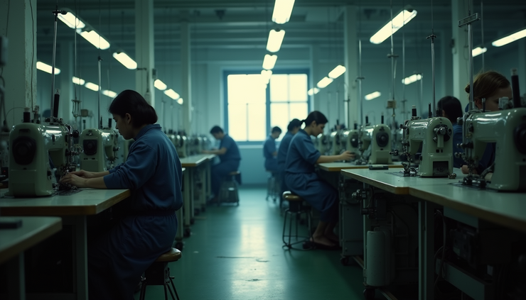Eye-level view of a dimly lit factory floor with rows of workers at sewing machines