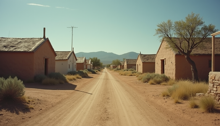 Eye-level view of a Native American reservation landscape with traditional dwellings and natural surroundings