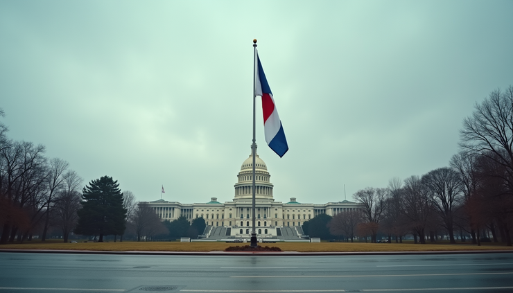 Eye-level view of a government building with a flag at half-mast