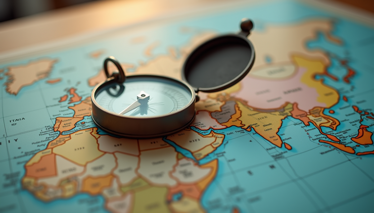 Eye-level view of a compass resting on a map, symbolizing guidance and direction