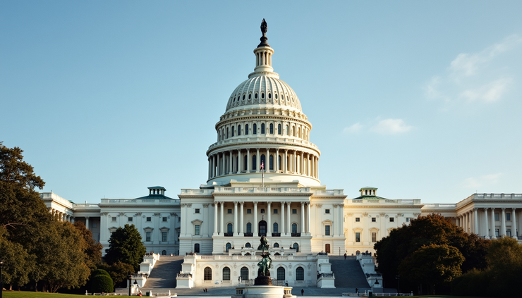 Eye-level view of the United States Capitol building with a clear sky