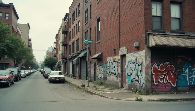 Eye-level view of a street corner in an urban neighborhood affected by drug epidemic in the 1980s
