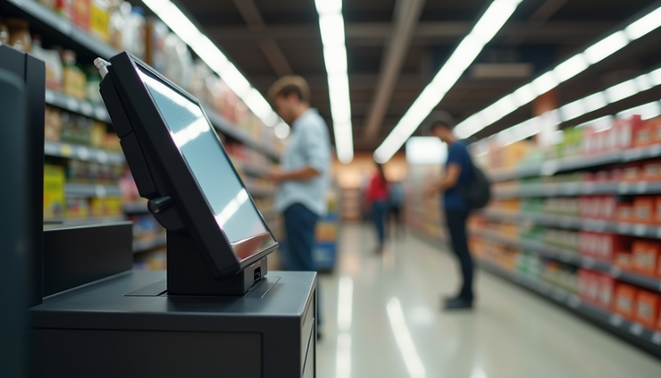 Eye-level view of a self-checkout kiosk in a grocery store aisle