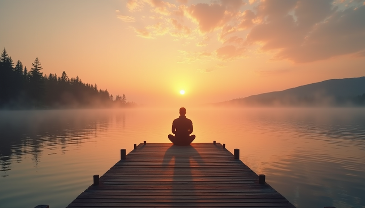 Eye-level view of a single person sitting peacefully on a lakeside dock at sunset