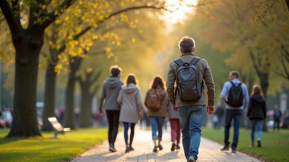Eye-level view of a public park with diverse individuals engaging in conversation
