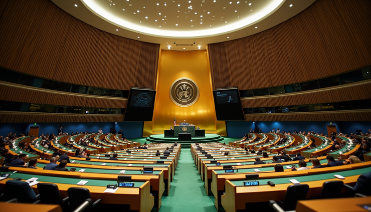Eye-level view of the United Nations General Assembly hall filled with delegates