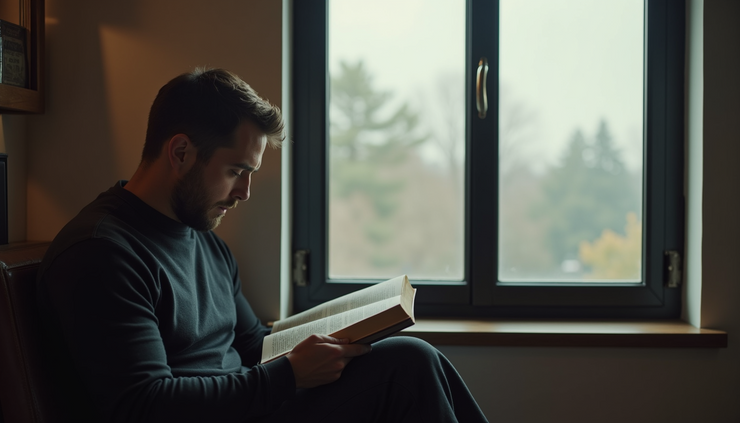 Close-up view of a man sitting by a window with a book, sunlight casting soft shadows