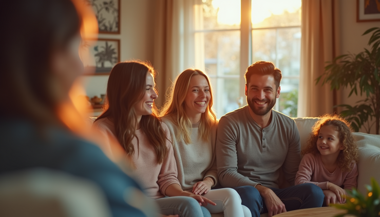 Eye-level view of a cozy living room with family and friends gathered around a fireplace