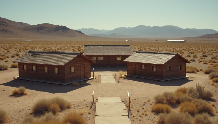 High angle view of a World War II internment camp site with preserved barracks