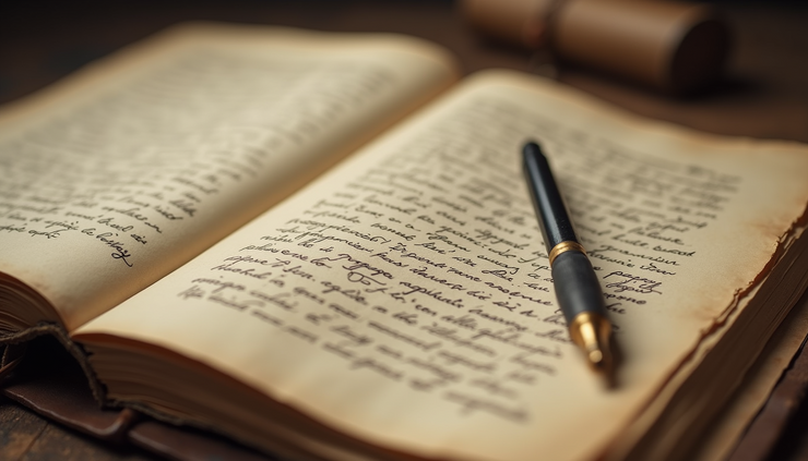 Eye-level view of an ancient manuscript with handwritten notes and sketches