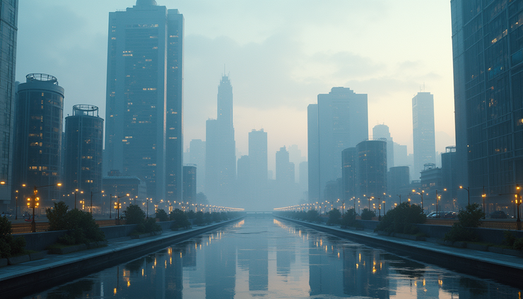 Eye-level view of a futuristic cityscape with AI-driven automation in factories