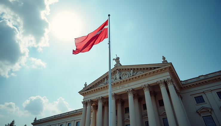 Eye-level view of a government building with a flag waving in front