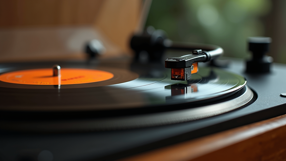 Eye-level view of a vintage record player with colorful vinyl records