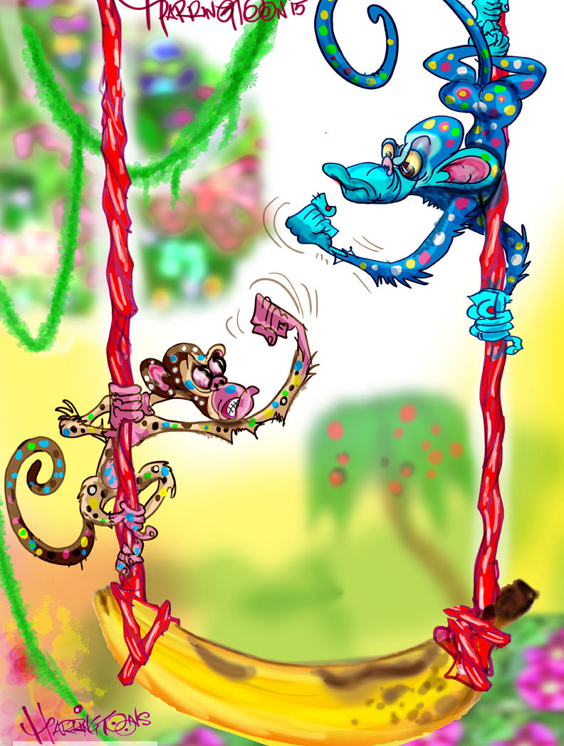 Monkeys Going Bananas Kids Book illustration Libby and the Magical Garden.
A brown monkey and a blue monkey with spots shaking their fist at each other hanging on to two pieces of licorice tied around a banana.