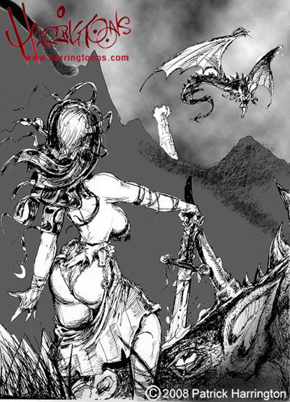 Dragon princess Black and white fantasy illustration. Rear view of shapely girl warrior with round derrière exposed and side boob shot standing over dragon with sword going through center of its head. In the gray background there’s another flying dragon coming over the mountain.